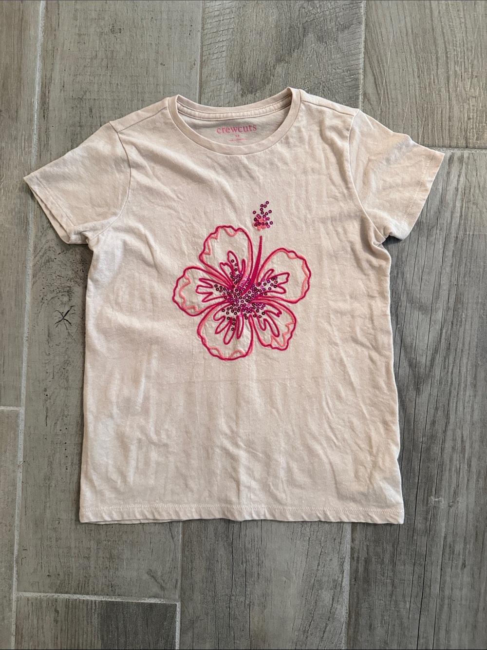Crewcuts Light Pink Tee with Hot Pink Floral Embroidery